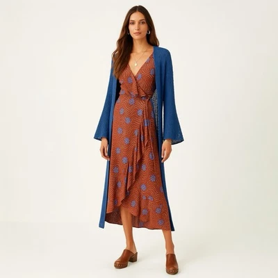 Anthropologie Dress S Brown Blue Floral Ruffle Sleeve Printed Wrap Boho Maxi - Image 1 of 4
