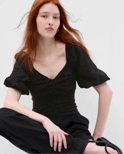 Neu mit Etikett GAP schwarzes Damen-Top mit Puffärmeln und Raffung Größe Medium V-Ausschnitt, bauchfreies Oberteil - Bild 1 von 7