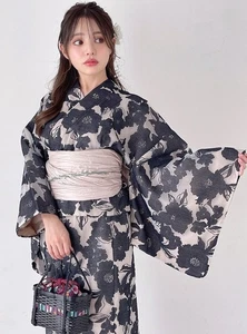 Japanese Yukata Kimono Women’s Black Floral Obi Belt Set with Slip Dress Exp F/S - Picture 1 of 11