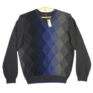 Lenor Romano Argyle Stripe Vee Mens Pepper Gray 100% Cashmere Sweater (size) - Picture 1 of 7