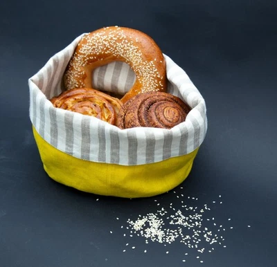 Cesta de pan de lino hecha a mano - Bolsa de almacenamiento de cero residuos amarillo limón y rayas Foto 1 de 4