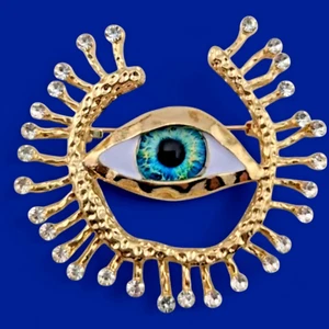 MODERNIST MYSTIC EYE BROOCH goldtone brutalist crystal rhinestone pin evil 2A - Picture 1 of 5