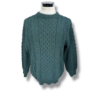 Aran Crafts Irish Fisherman Chunky Sweater Men’s Large Green Blue 100% Wool - Picture 1 of 9