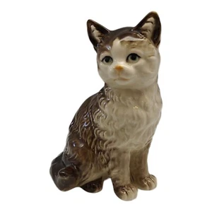 Vintage Ceramic Kitty Cat Figurine Tabby Brown Cream Stripped - Picture 1 of 9