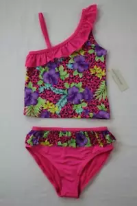 NEW Girls Tankini Set Swimsuit Medium 7 - 8 Leopard Floral Pink Purple Two Piece - Picture 1 of 2