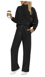 Two Piece Sets for Women Fall Outfits Lounge Sets Mock Neck Tops Small Black - Picture 1 of 6