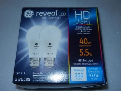 one new twin-pack GE Reveal HD+ LED light Bulb 40W A19 bulb dimmable softwhite - Image 1 of 4