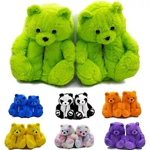 Teddy Bears Slippers Women Fluffy Shoe Cute House Animal Slippers Fuzzy Green - Picture 1 of 6
