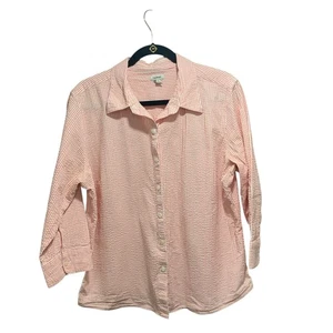 LL Bean Womens Seersucker Striped Orange White Button Up 3/4 Sleeve Shirt XL - Picture 1 of 6