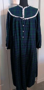 Vintage Lanz of Salzburg Flannel Nightgown Blue/Green Plaid, Eyelet Trim Large - Picture 1 of 14