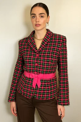 Blazer feminino Silkland tweed L rosa verde preto jaqueta bouclé forrada com cinto - Imagem 1 de 4