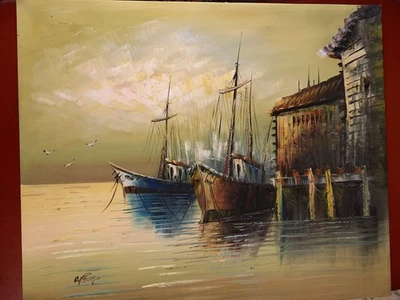 签名油画帆布/渔船/航海/海景/港口船 24 X 20 — 第 1/4 张图片