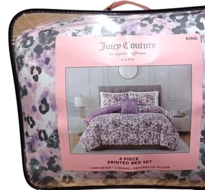Juicy Couture 4-teiliges King Bettdecken-Set lila schwarz Leopard Gepardenmuster Neu! - Bild 1 von 6
