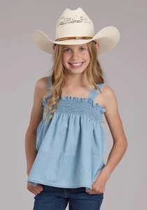 Roper Youth Girls Denim Babydoll Light Blue 100% Cotton S/L Tank Top - Picture 1 of 3