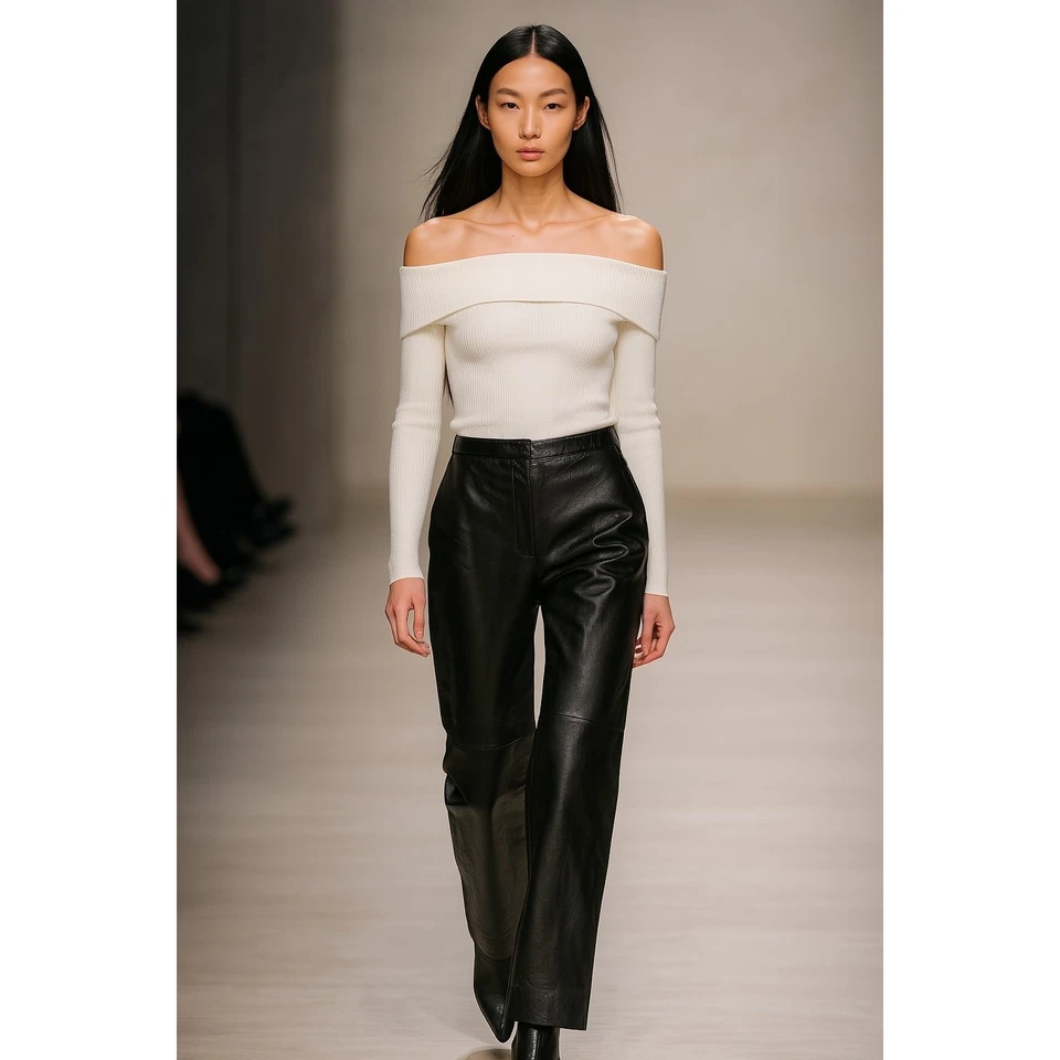 Pantalones Adrienne Vittadini para mujer de cuero negro brillante tiro alto rectos Foto 1 de 4