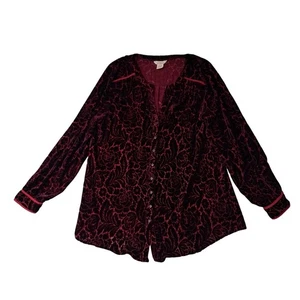 Sundance Top Women's Medium Red Velvet Burnout Button Up Long Sleeve Silk Blend - Picture 1 of 9
