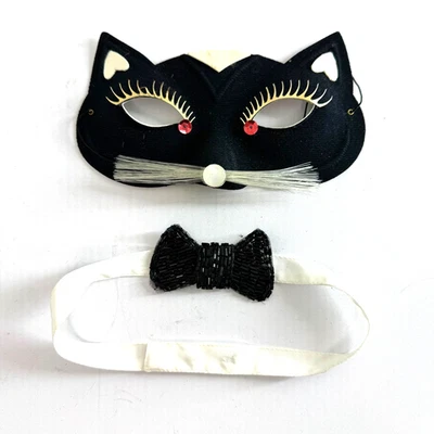 Vintage Amscan Cat Costume Mask & Beaded Bow Collar Set 70s/80s Italy Halloween - Image 1 of 4