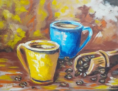 "Original Coffee Art 9x12 Acrylic Painting – Blue and Yellow Cups with Coffee Be - image 1 of 4