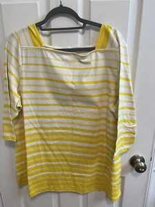 Denim Co XL Top Yellow White Stripe Square Neck 3/4 Sleeve Stretch New - Picture 1 of 10
