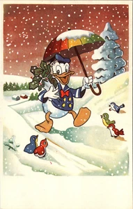 DONALD DUCK GEHT UNTER REGENBOGENSCHIRM IM SCHNEE - ALTE DISNEY POSTKARTE - Bild 1 von 2