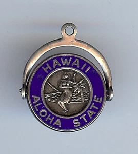 VINTAGE STERLING SILVER BLUE ENAMEL HAWAII ALOHA STATE HULA GIRL SPINNER CHARM - Picture 1 of 2