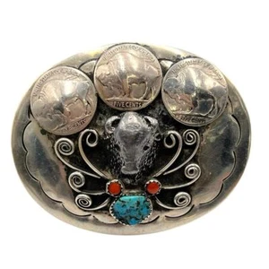 Squaw Wrap Vintage Native American Turquoise Coral Buffalo Nickel Belt Buckle  - Picture 1 of 8