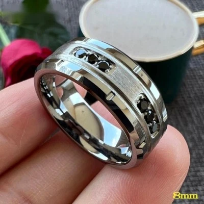 Anillo de boda 8 mm para hombres y mujeres de carburo de tungsteno banda negra con incrustación de circonita cúbica ajuste cómodo Foto 1 de 4
