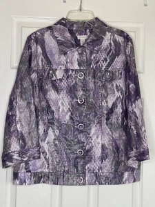 Chico's Jacket Women's Purple Metallic Snake Linen Cotton Blend 3/4 Sleeve Sz 2 - Picture 1 of 3