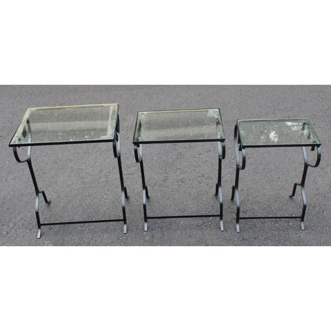 Beautiful Set of 3 Vtg MCM Wrought Iron with removable glass tops Nesting Tables Cover