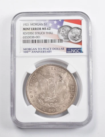 Mint Error MS62 1921 Morgan Silver Dollar REV Struck Thru 100th Anniv NGC *3413 Cover