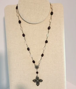HANDMADE STERLING 925 CROSS NECKLACE WITH AMETHYST AND PINK QUARTZ CHAIN SIGNED - Picture 1 of 6