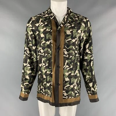 FENDI Size M Green Brown Abstract Silk Button Up Long Sleeve Shirt - Image 1 of 4