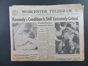 6 de junio de 1968 WORCESTER TELEGRAMA Senador Robert Kennedy Asesinato - Imagen 1 de 2