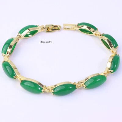 Pulsera de cuentas ovaladas de 14*8 mm con cadena de calcedonia verde GP amarilla real de 18 quilates 7,5 pulgadas Foto 1 de 4