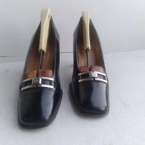 ANN TAYLOR Shiny Black square toe pumps formal block heel made in Italy 7.5 M US - Picture 1 of 9
