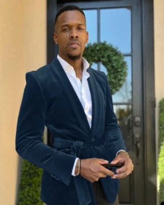 Chaqueta de terciopelo para hombre con cinturón anfitrión banquete cena fiesta esmoquin blazer Foto 1 de 4