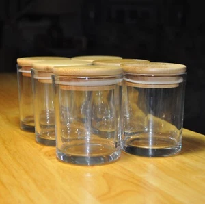 6 Spice Jars w/ Bamboo Lids Clear Glass Suction 7oz Individually Boxed Quality - Picture 1 of 4