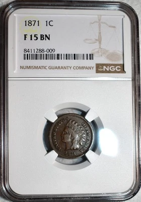 NGC F-15 BN 1871 Indian Head Cent, Pleasing, Chocolate-Brown, Semi-Key Date. - Image 1 of 2