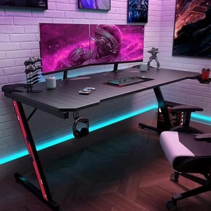 Carbon Fiber Gaming Desk Z-Shaped PC Table W/ Cup Holder Headphone Hook Black US - Picture 1 of 5