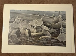 Impresión firmada por Robert Bateman “Gentoo Penguins & Whale Bones”/950 1981 36”x24” - Imagen 1 de 5