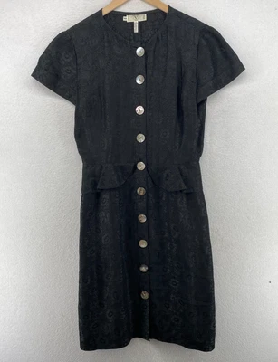 VALENTINO Dress 44 10 Linen Silk Floral Jacquard Button Cap Sleeve Black Italy - Image 1 of 4