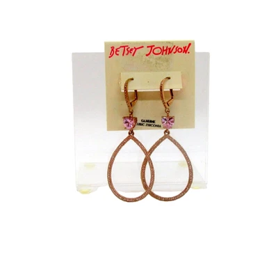 Betsey Johnson Rose Gold Pink CZ Crystal Heart Leverback Dangle Earrings - Image 1 of 4