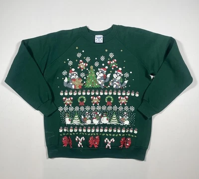 Sudadera Vintage College Ware Mujer Extra Grande Verde Navidad Gatos Años 90 EE. UU. Foto 1 de 4