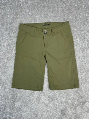 Shorts feminino Prana Halle 4 náilon verde elástico cintura média bolsos aba caminhada - Imagem 1 de 4