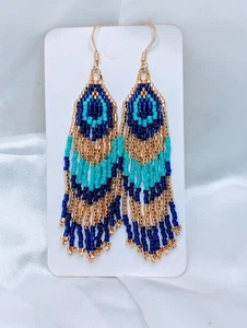 Peacock feather Beaded Fringe Earrings Handmade Gold Turquoise Gold Filled Hooks - Picture 1 of 3