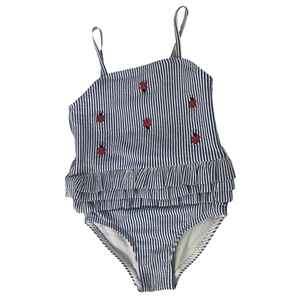 Baby Toddler Swimsuit Blue White Striped with Ladybugs Ruffle - Picture 1 of 9