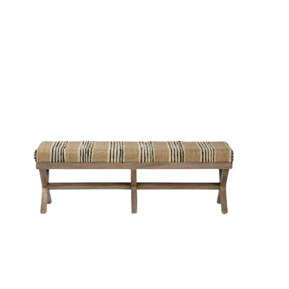 16" Beige And Brown Upholstered Cotton Blend Bench - Image 1 of 4