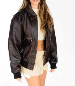 Women's Handmade Oversized Real Leather Distressed Brown Bomber Jacket - Picture 1 of 5
