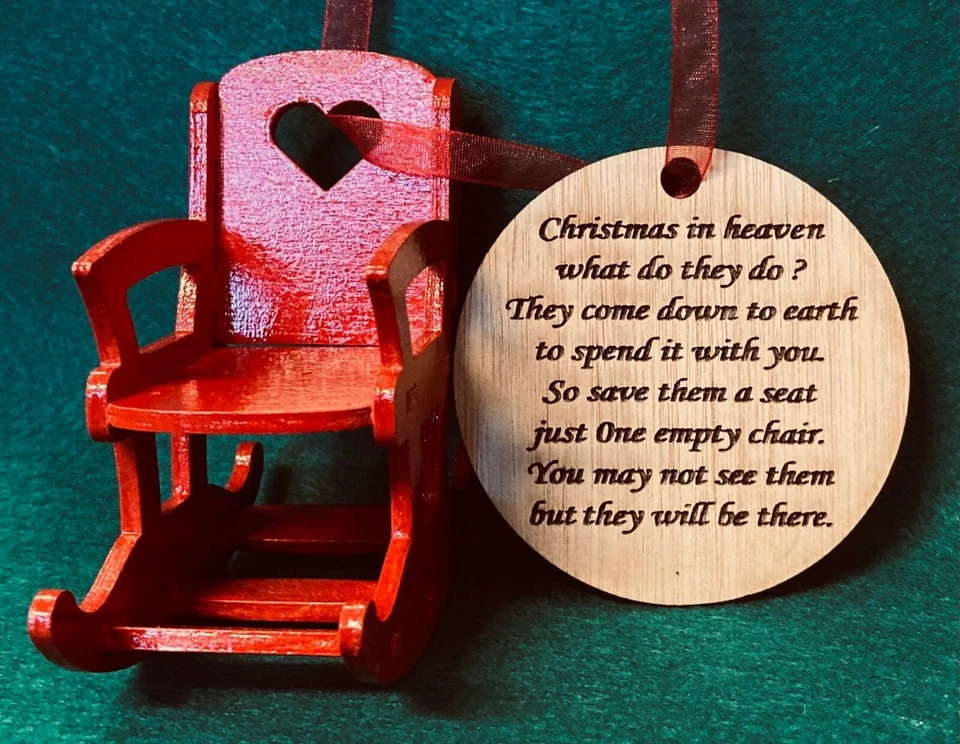 Rocking chair & heaven poem Christmas tree decoration memento wood on ribbon - Image 1 of 1