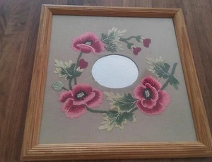 Handmade Embroidered Pink Flower Decorative Mirror Professionally Framed w Glass - Picture 1 of 6